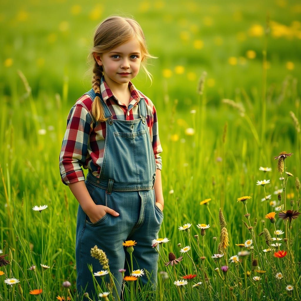 Farm Girl in Meadow, Folk Art Style