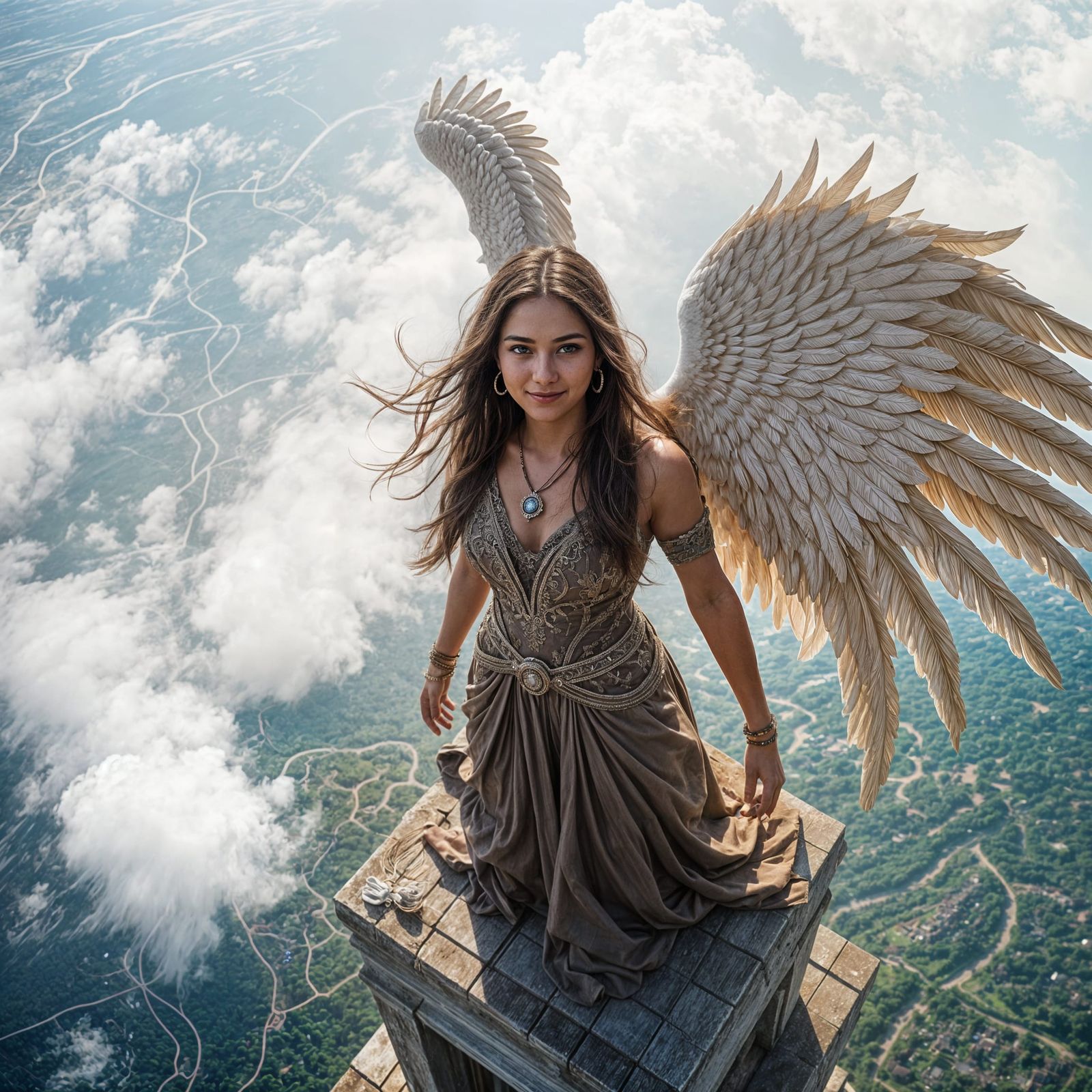 Beautiful Angel on High Tower Gazing Down