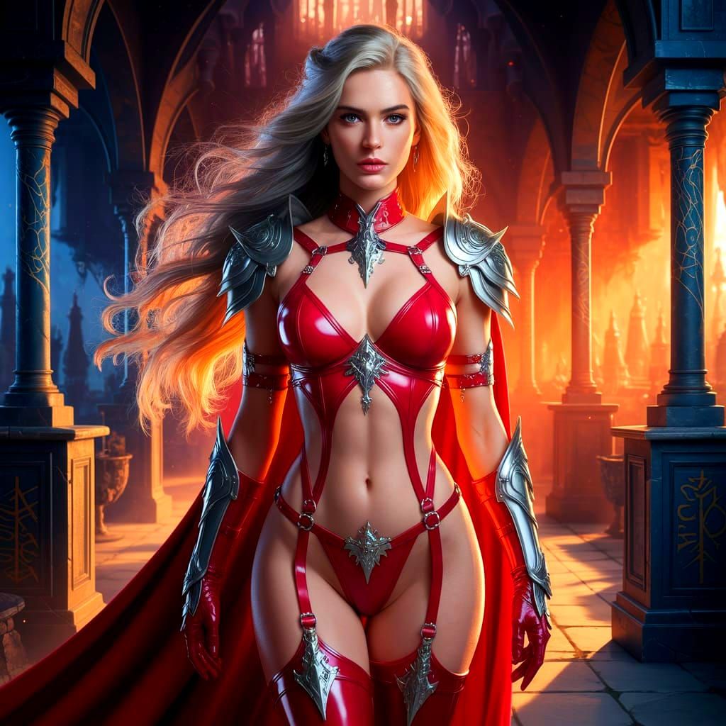 Fantasy Warrioress in Red Latex and Silver Armor