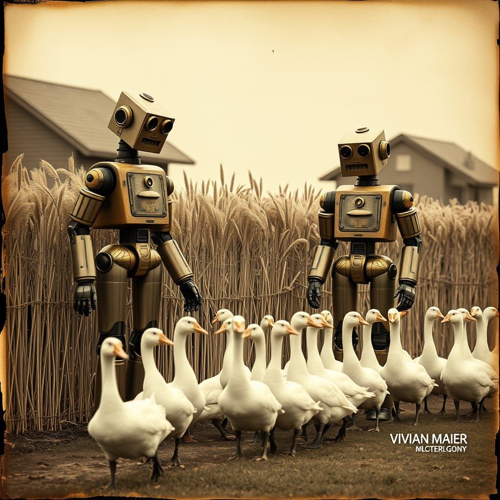 Vintage Robots in a Sepia Landscape with Geese