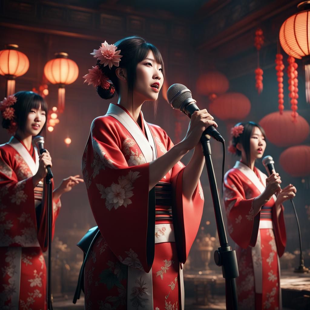 Japanese Women Singing: Detailed Matte Painting