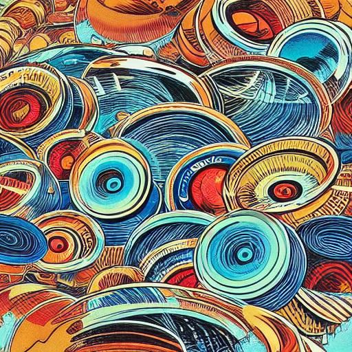 Surreal Beach Scene with Circles and Pearls in Comic Art