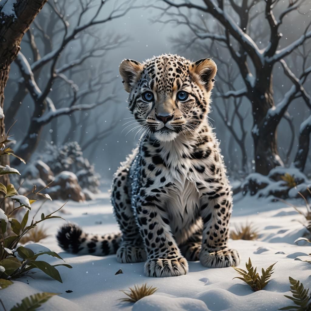 Adorable Baby Snowy Leopard in Detailed Matte Painting