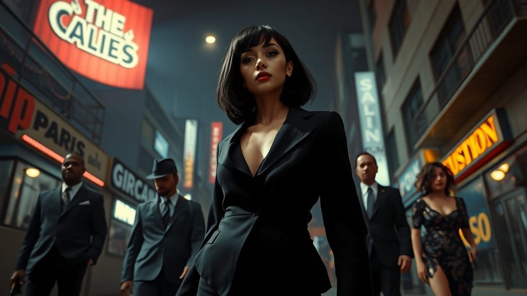 Sleek Woman in Cityscape, Cinematic Style