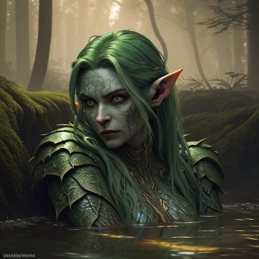 Detailed Snake-Elf Woman in Forest Pool