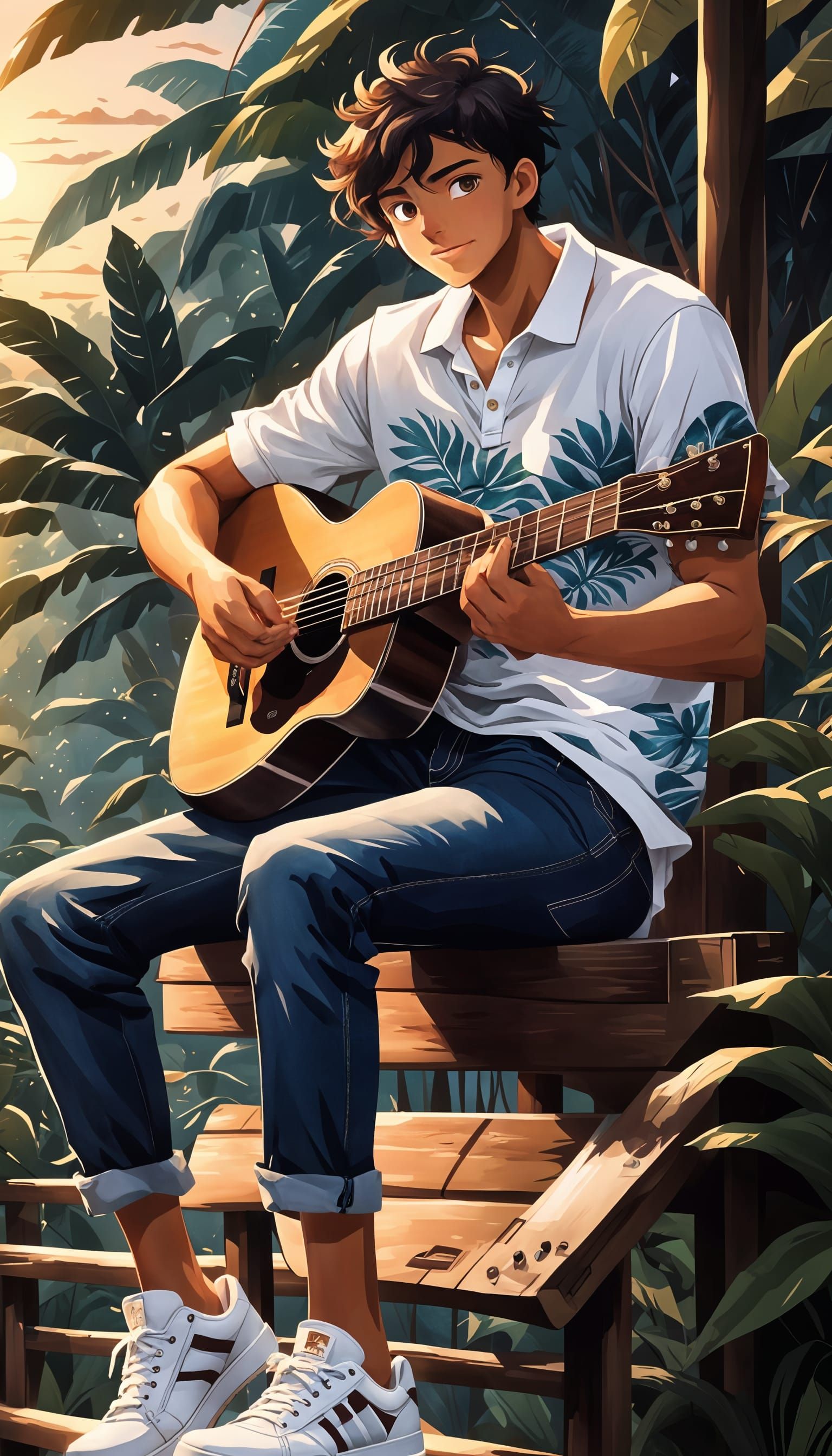 Anime Boy Plays Guitar in Amazon Jungle