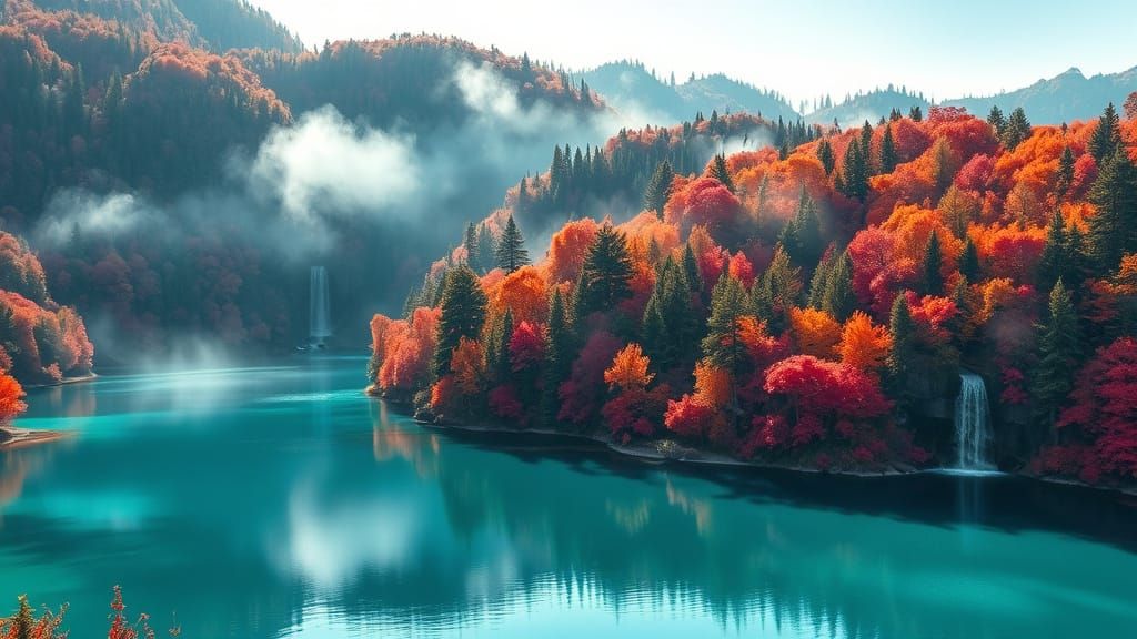 Cinematic Autumn Landscape: Turquoise Lakes and Vibrant Fore...