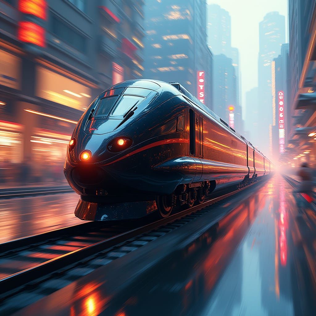 Sleek Futuristic Train Speeds Through a Neon Cityscape