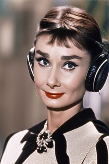 Audrey Hepburn Wearing Headphones Portrait