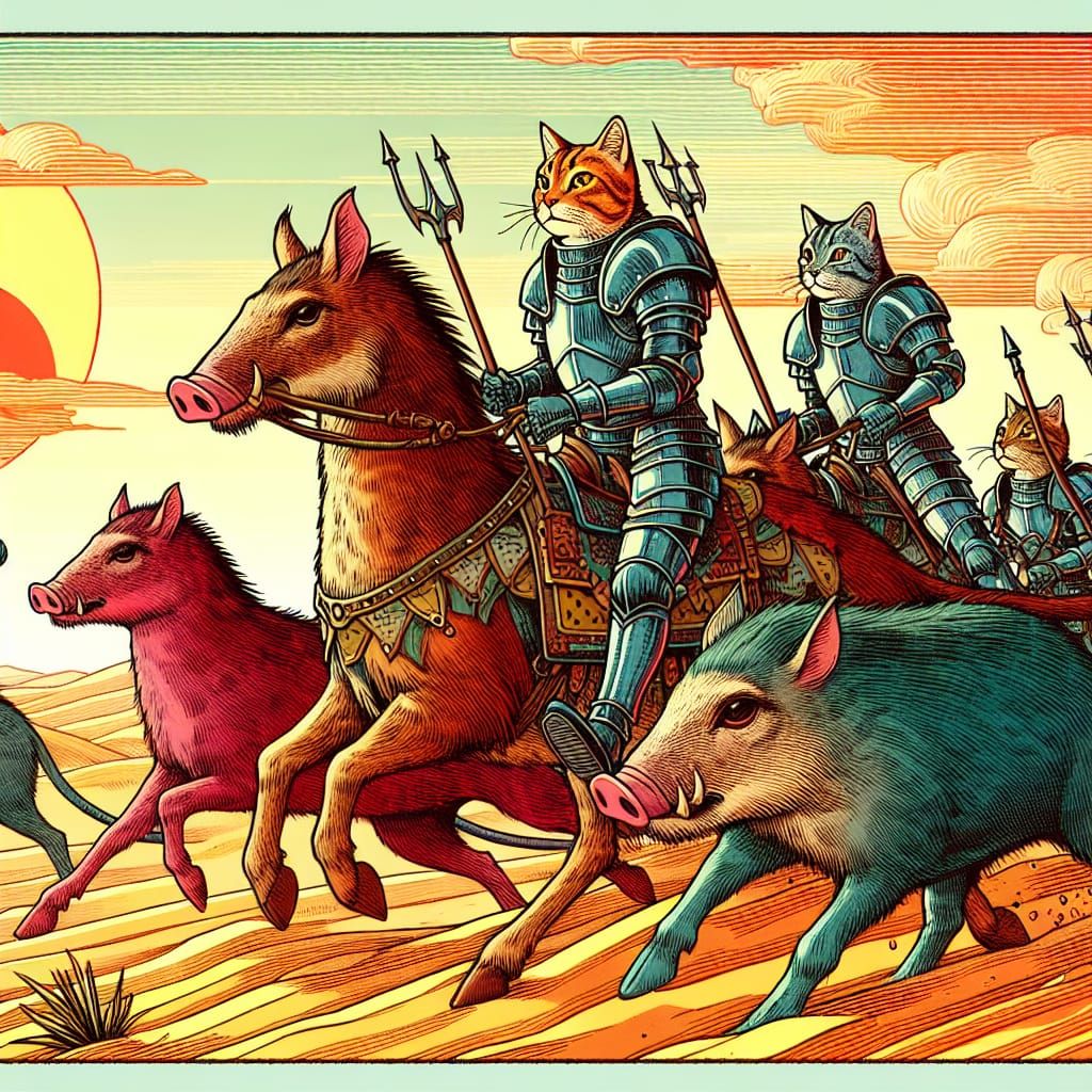 Feline Warriors Ride Javelinas in Comic Book Art