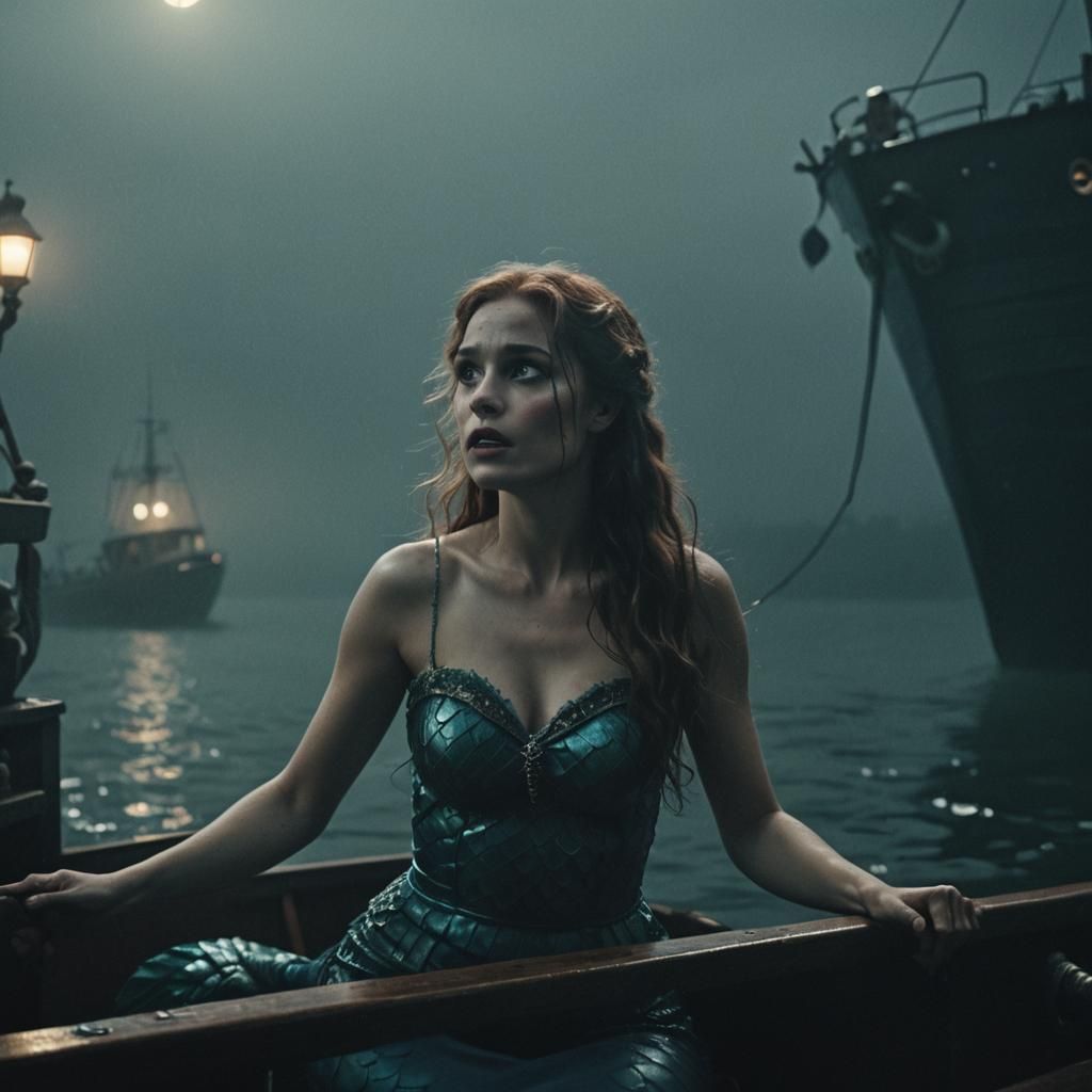 Eerie Mermaid Film Still in Moody Lighting