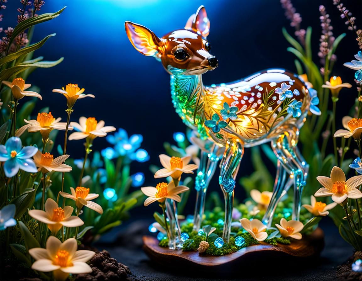 Bioluminescent Flowers Fill Crystal Fawn Sculpture