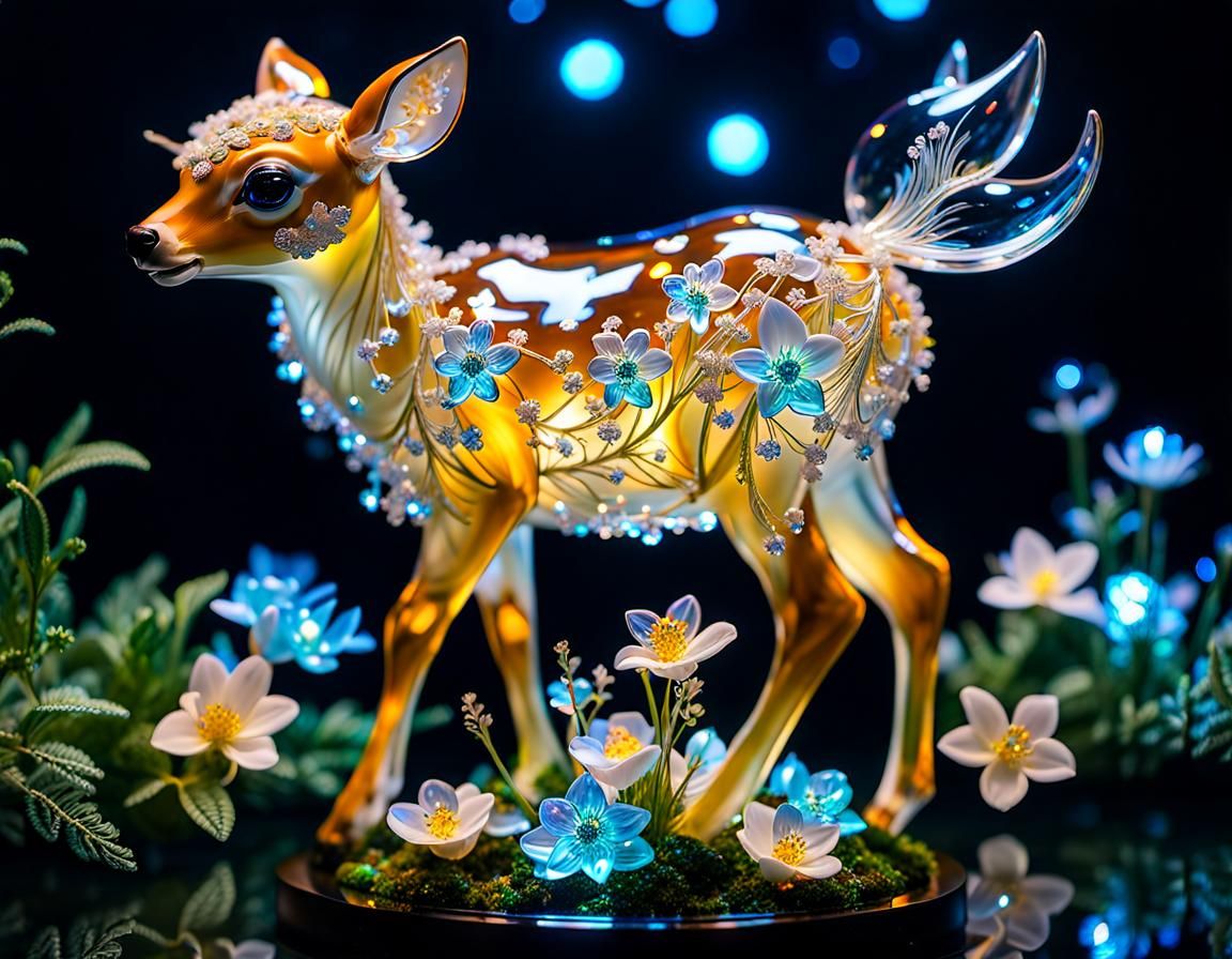 Crystal Fawn Sculpture with Bioluminescent Flowers