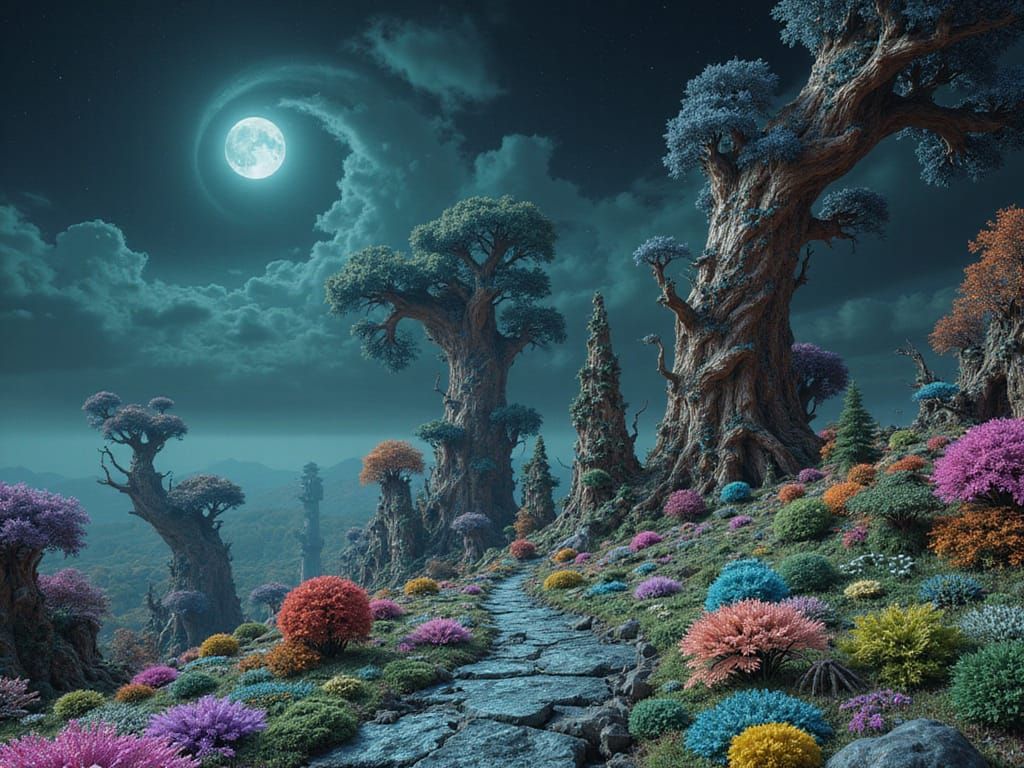 Fractal Landscape with Twisted Trees and Neon Colors