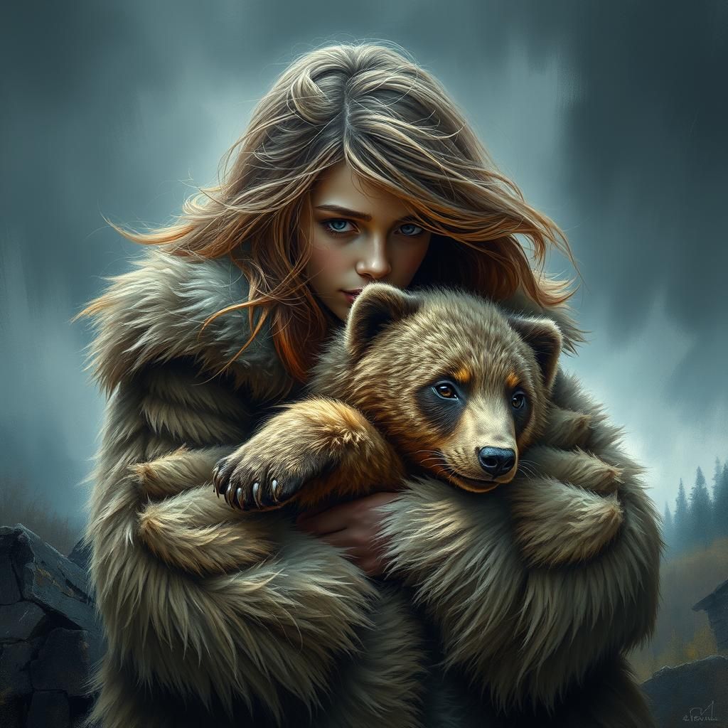 Girl and Magical Bear Cub in Stormy Landscape
