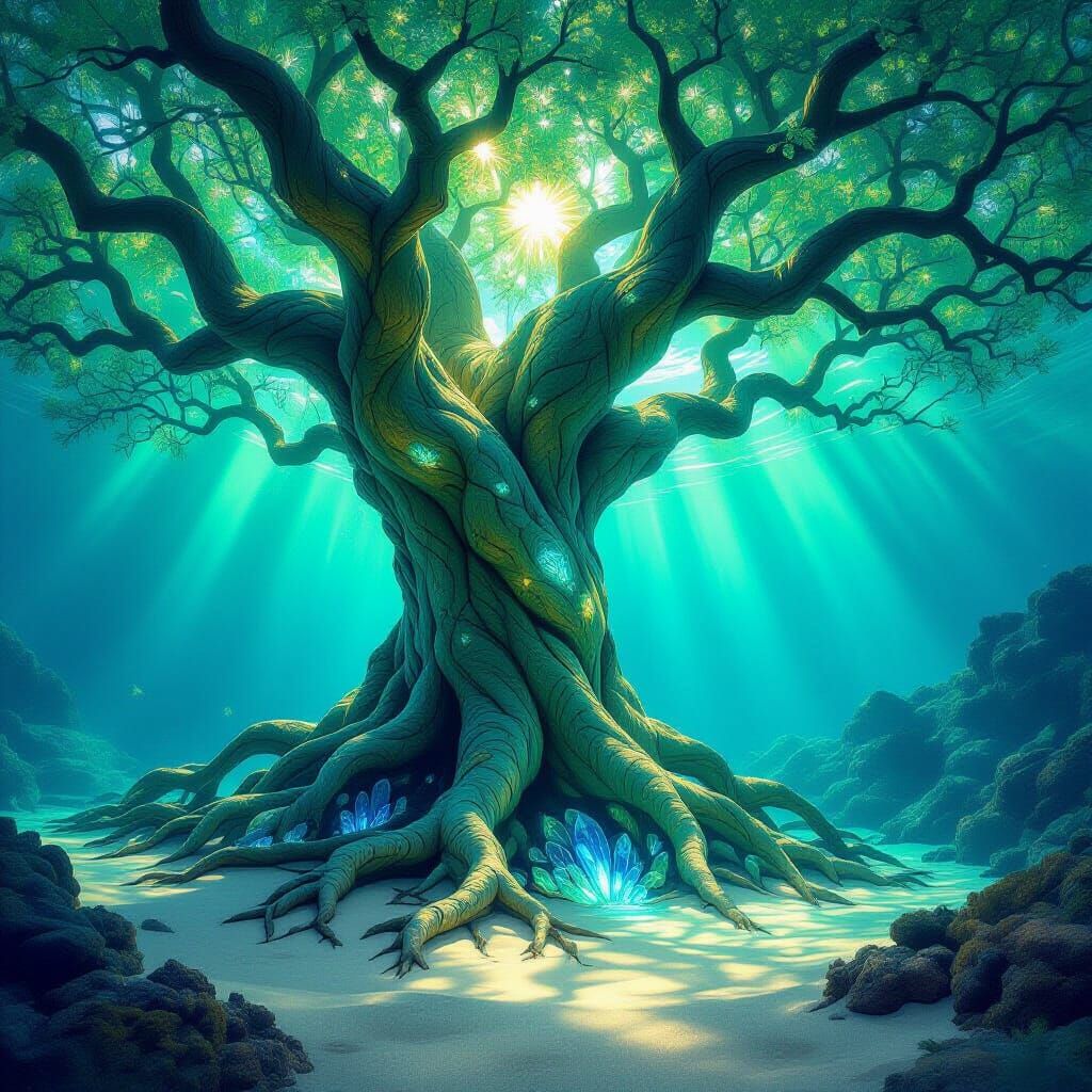 Ancient Tree With Bioluminescent Flora In Crystalline Ocean