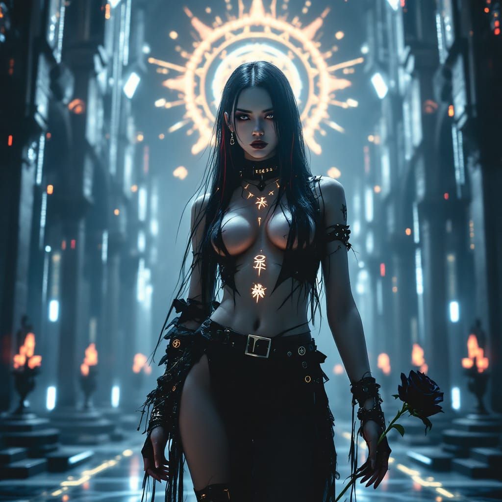 Androgynous Gothic-Punk Figure in Cyber-Cathedral