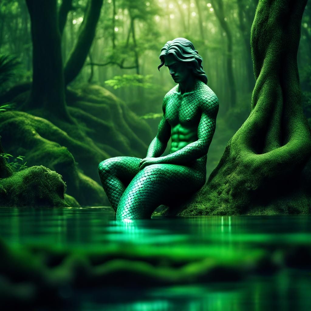 Man and Mermaid in Enchanted Green Forest