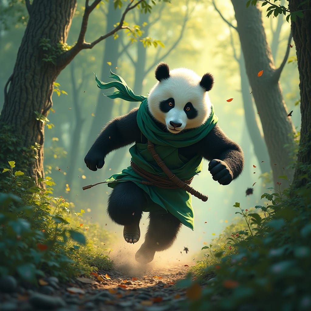 Swift Panda Ninja Blurs Through Enchanted Forest