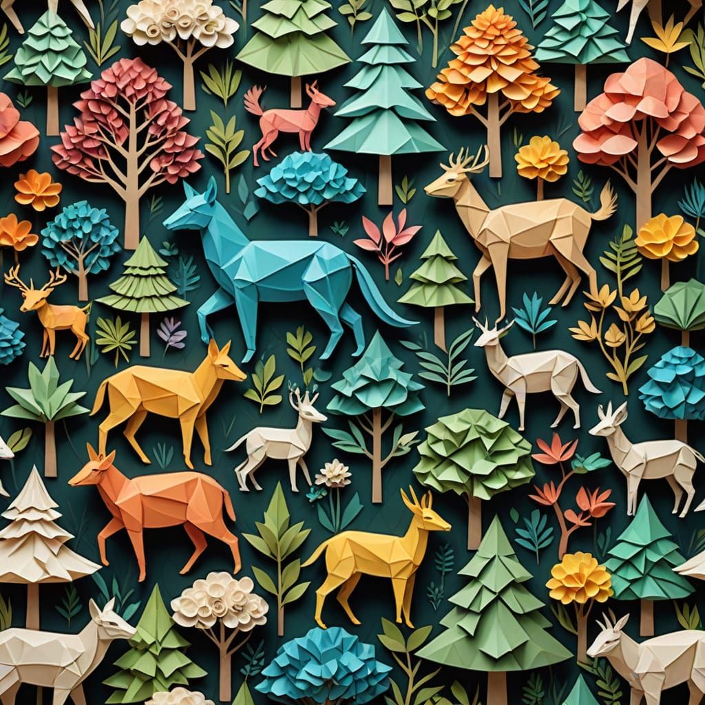 Vibrant Origami Forest with Delicate Paper Textures
