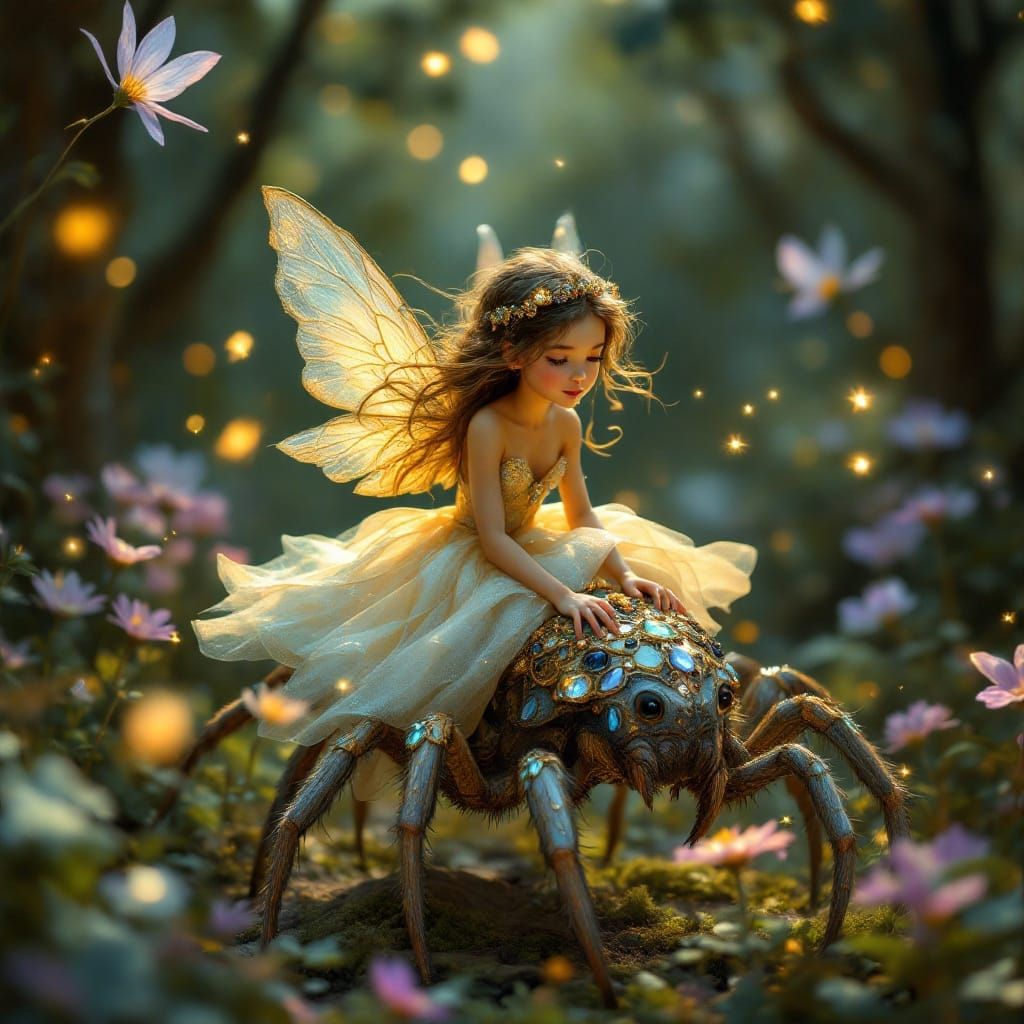 Whimsical Fairy Princess Rides Gentle Spider in Enchanted Fo...