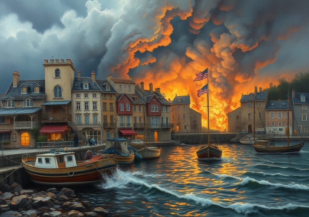 Storm Threatens Seaside Town: Oil Painting
