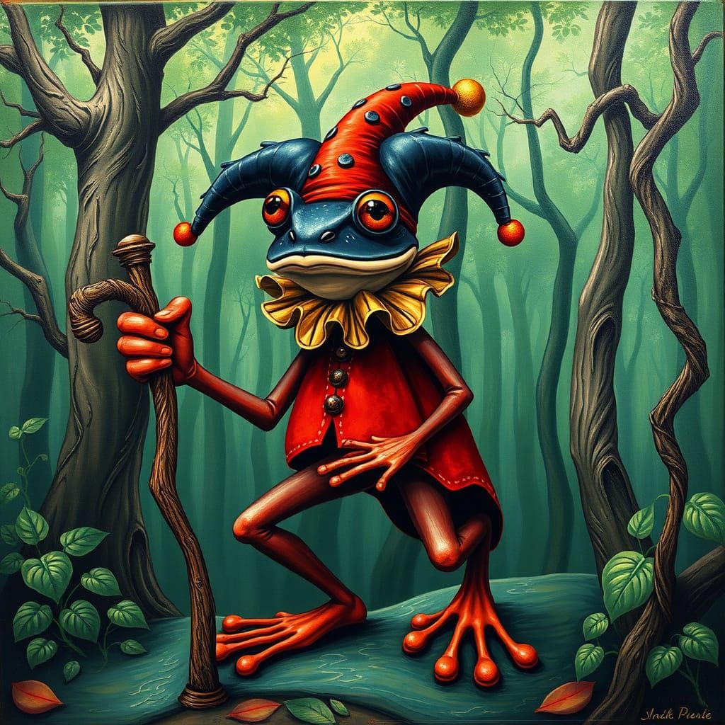 Surrealist Frog in Whimsical Jester's Attire Embarks on Fant...