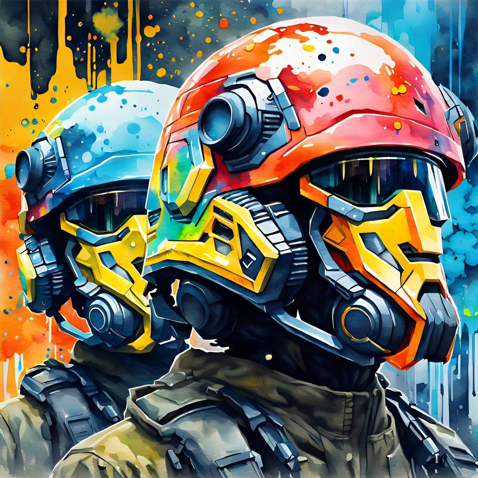 Futuristic War Helmets in Detailed Splash Art Style
