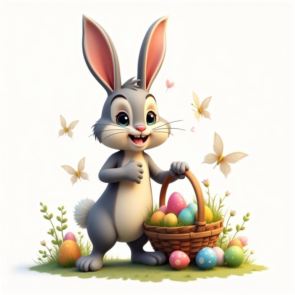 Vibrant Cartoon Easter Bunny Holds Easter Basket Overflowing...