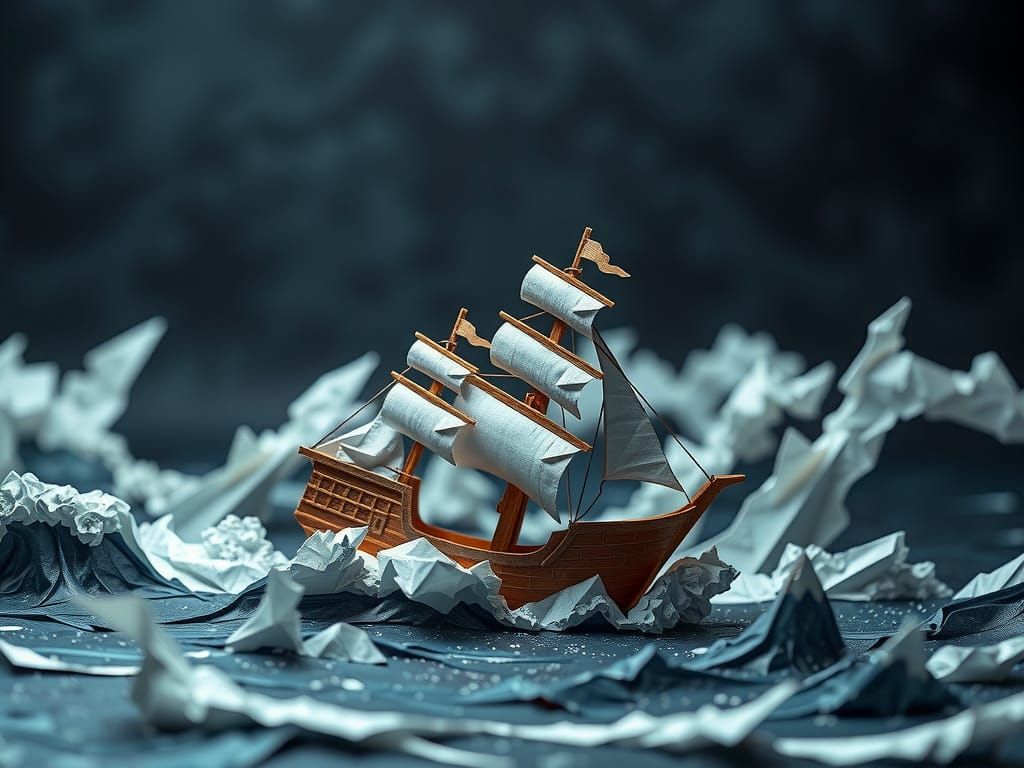 Intricate Origami Pirate Ship in Stormy Ocean