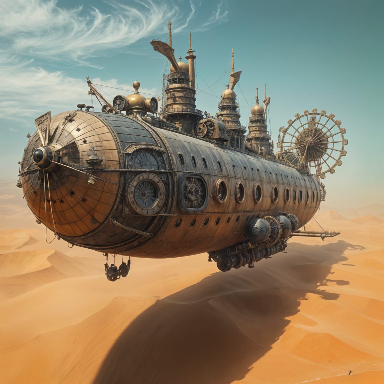 Steampunk Airship Sailing on Desert Dune