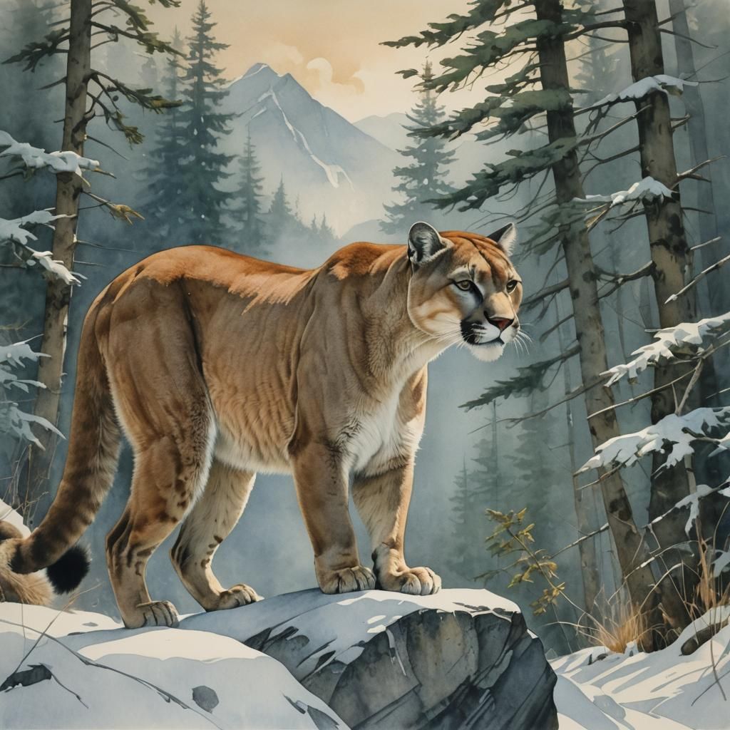Cougar in Mountains: Abstract Watercolour Art