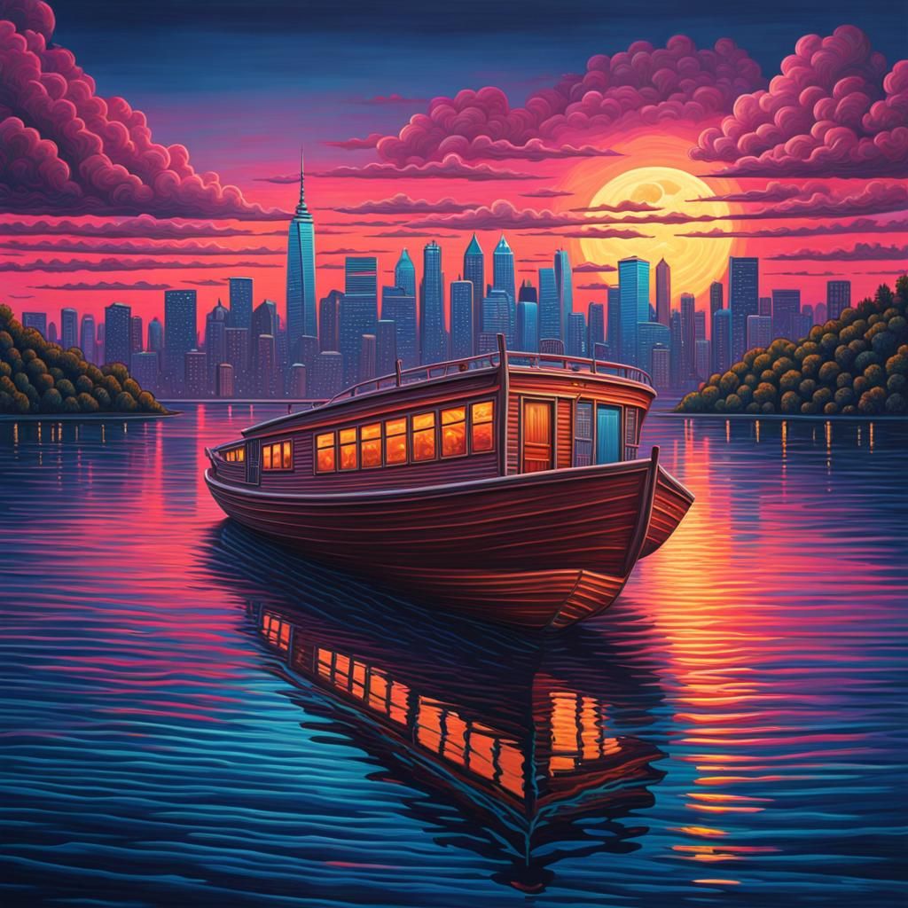 Colorful Cityscape Boat Ride as Oil Painting