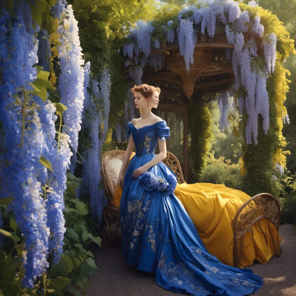 Victorian Lady in Wisteria Garden: Romantic Watercolor