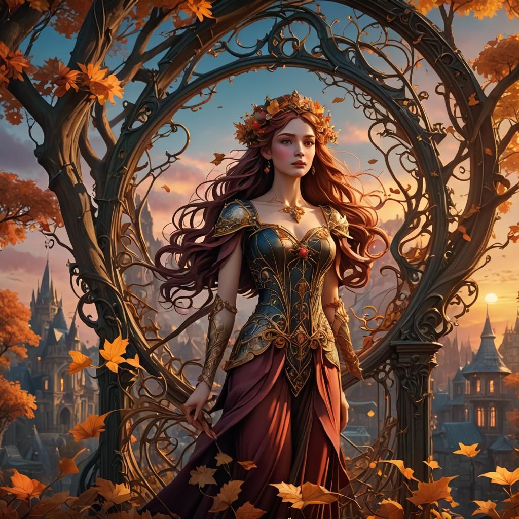 Enchanted Autumn Sunset in Art Nouveau Style