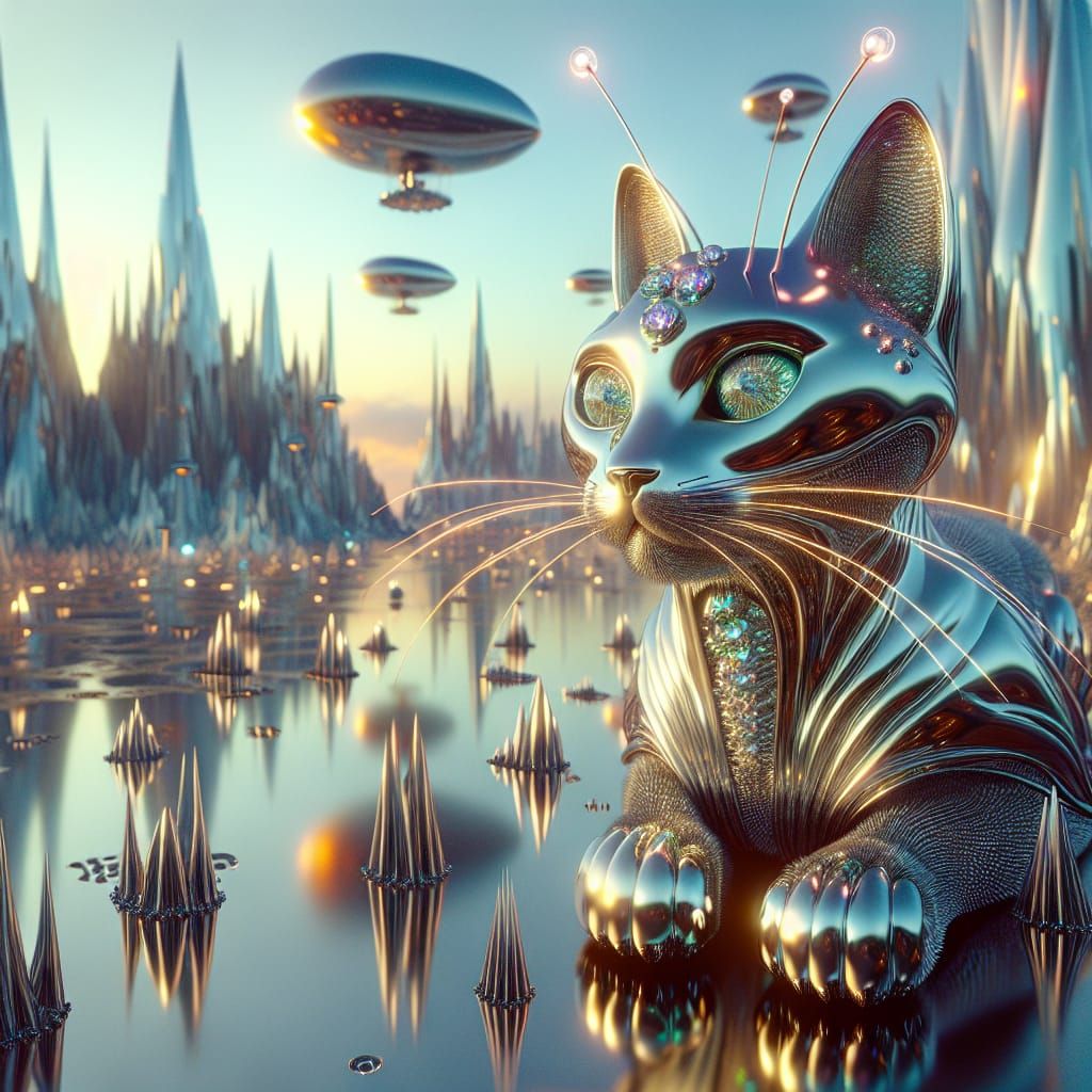 Majestic Chrome Feline in a Radiant Holographic Landscape