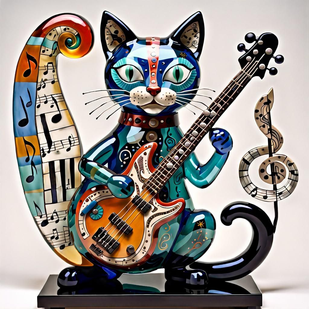 Glass Cat Plays Bass Guitar in Whimsical Style