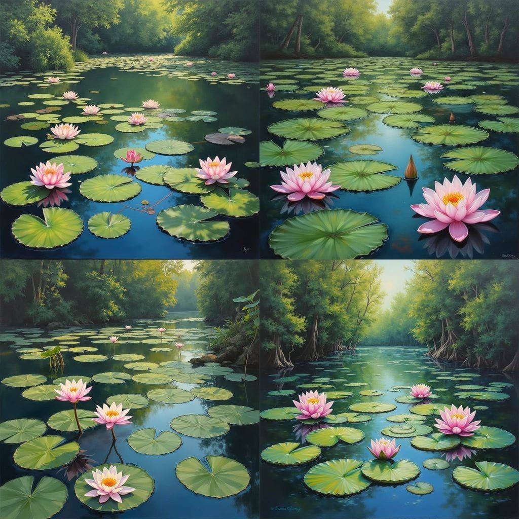 Serene Water Scene with Lotus Flowers in Oil Painting Style