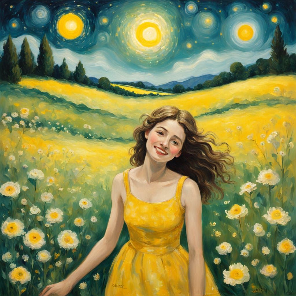 Sunny Impressionist Woman Gazing at a Starry Yellow Sky