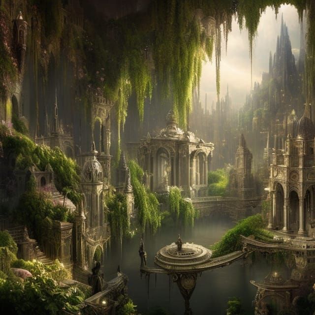 Floating City of Light with Green Gardens