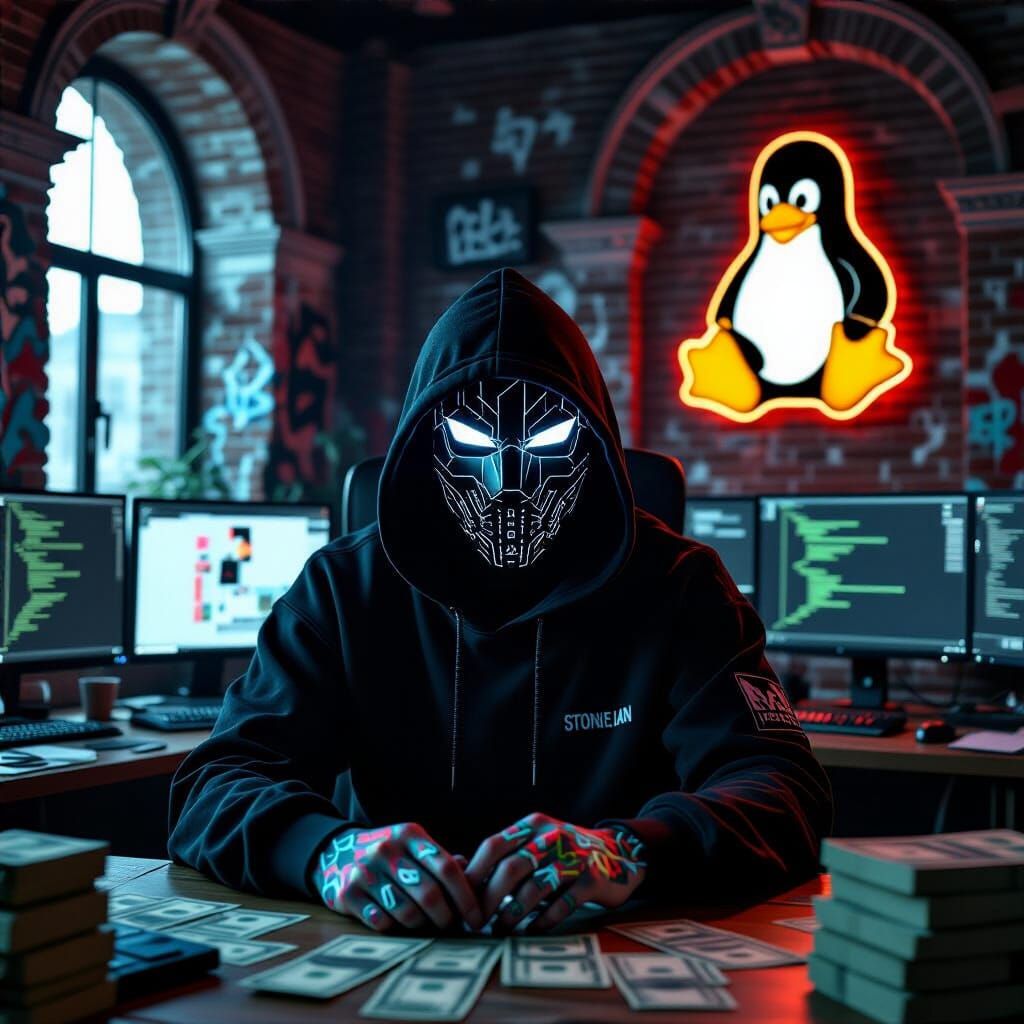 Cyberpunk Hacker in Moscow Loft with Glowing Mask