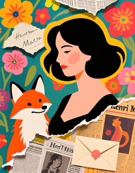 Woman and Fox in Layered Paper Collage Style