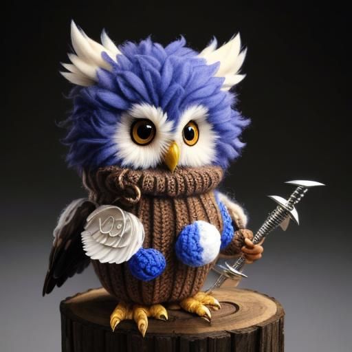 Cute Knitted Baby Owl with Blue Mohawk