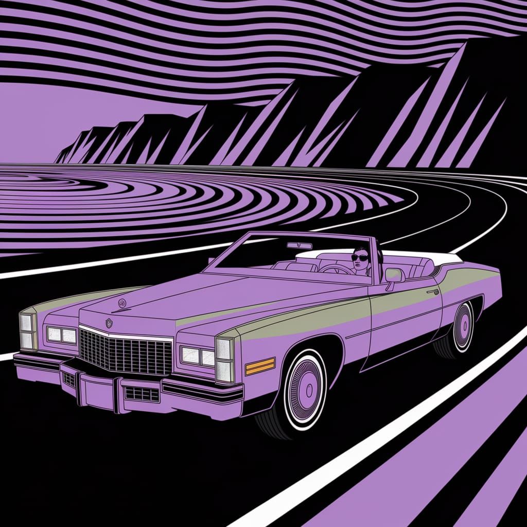 Art Deco Woman Drives Cadillac on Pacific Coast Highway