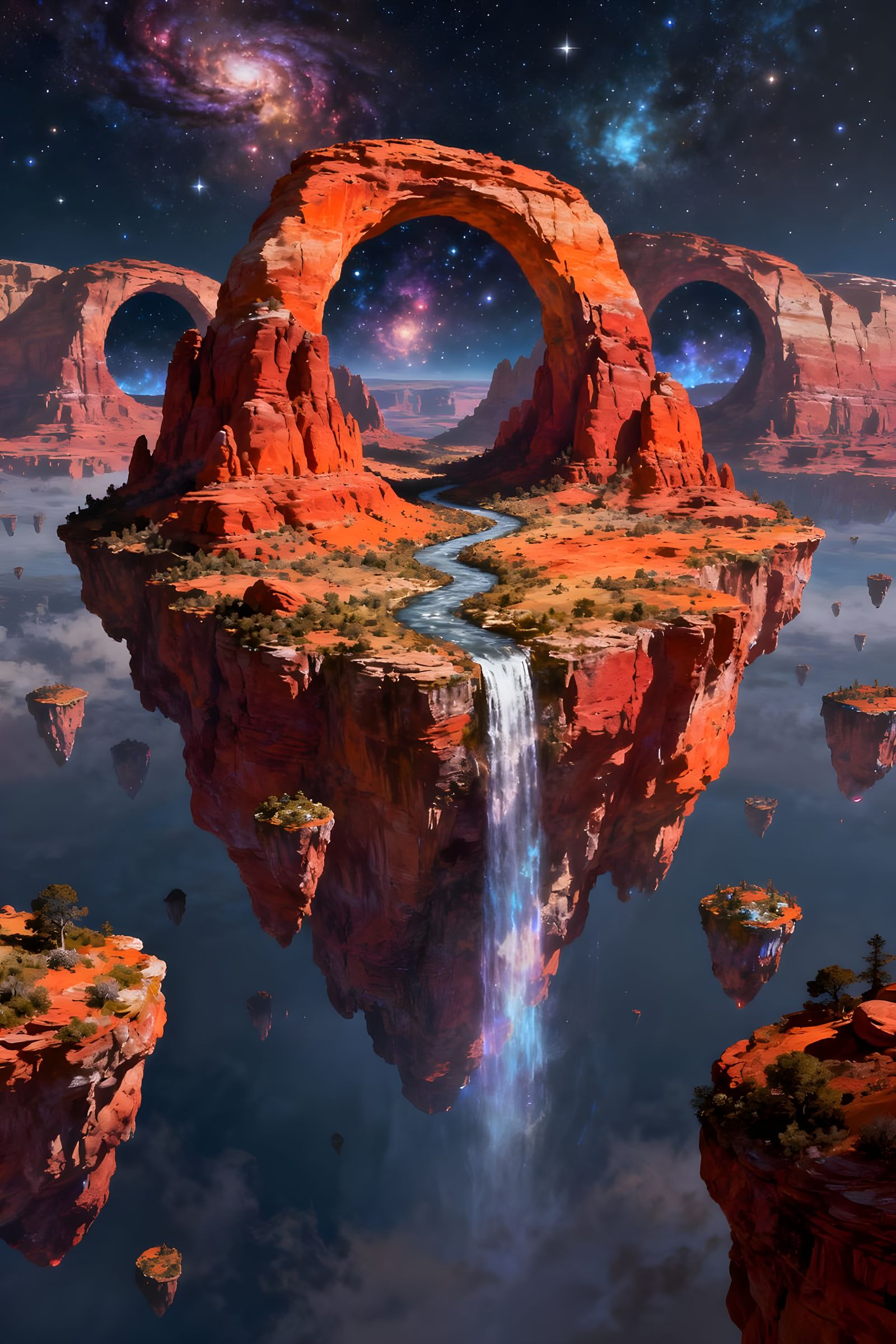 Floating Island with Cosmic Arches and Nebulas