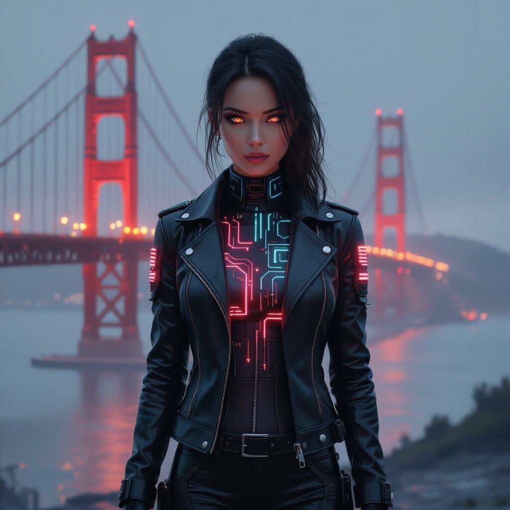 Cyber Girl with Golden Gate Bridge in Futuristic Style