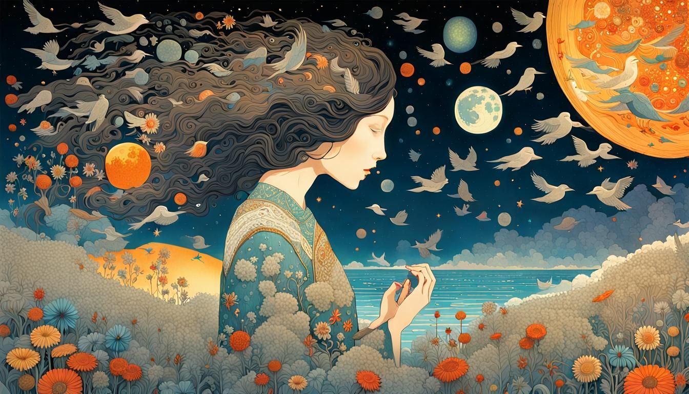 Woman Holding Galaxy in Surreal Dreamscape