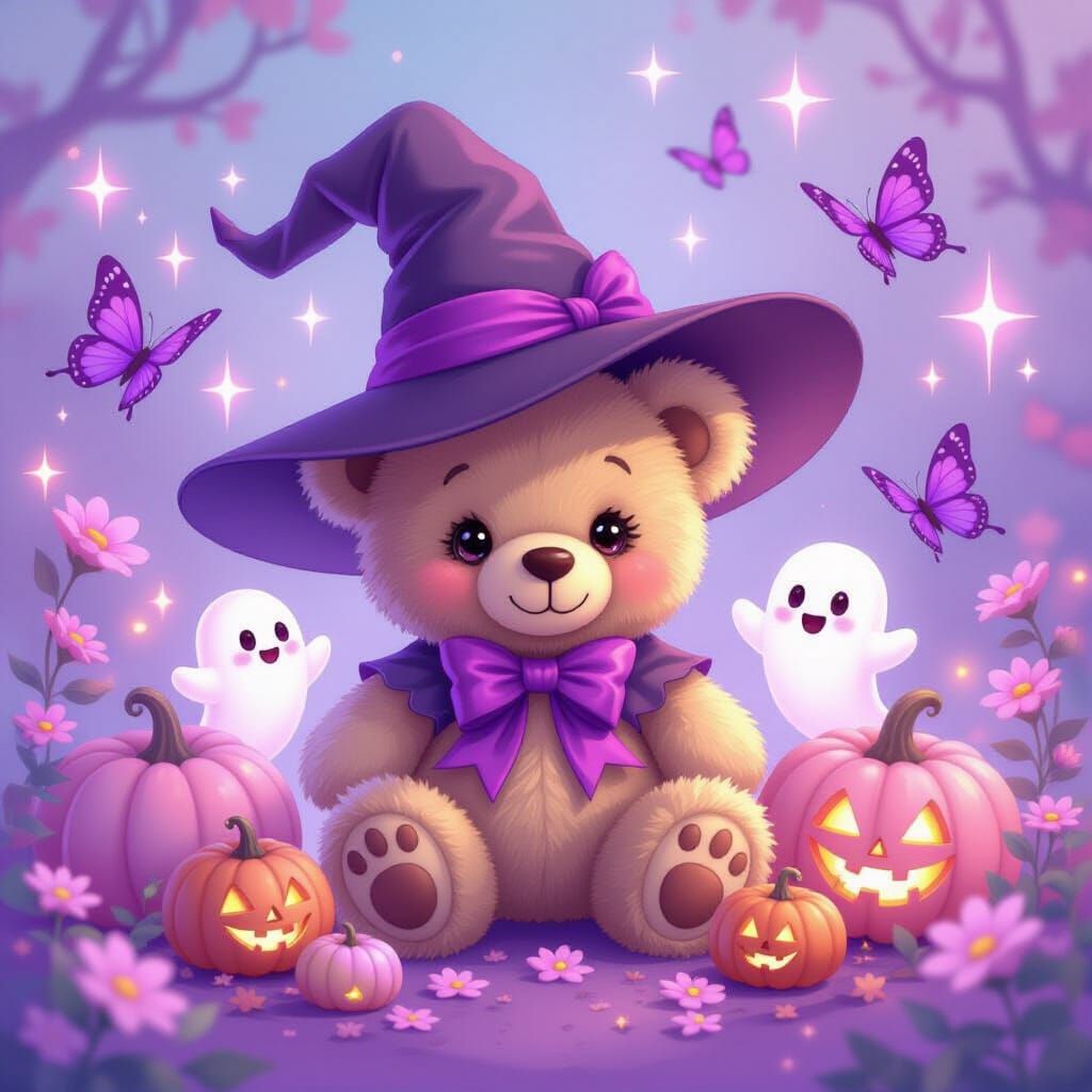 Cute Witch Teddy Bear with Pink Pumpkins and Rainbow Sparkle...