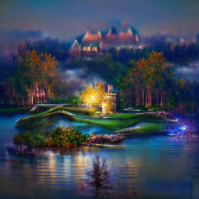 Lake Wilcox Castle at Night in Kinkade Style