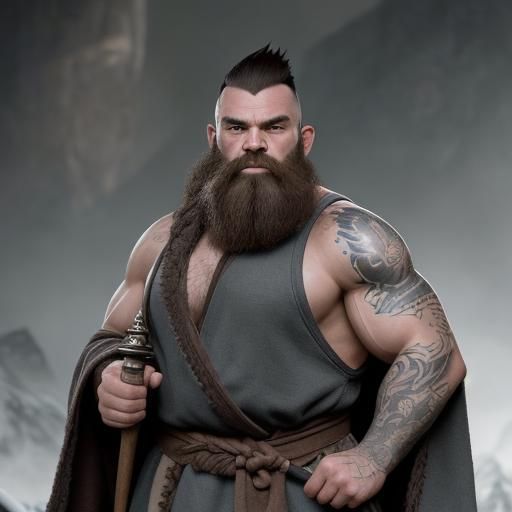 Dwarf Blacksmith with Elemental Tattoos in HDR